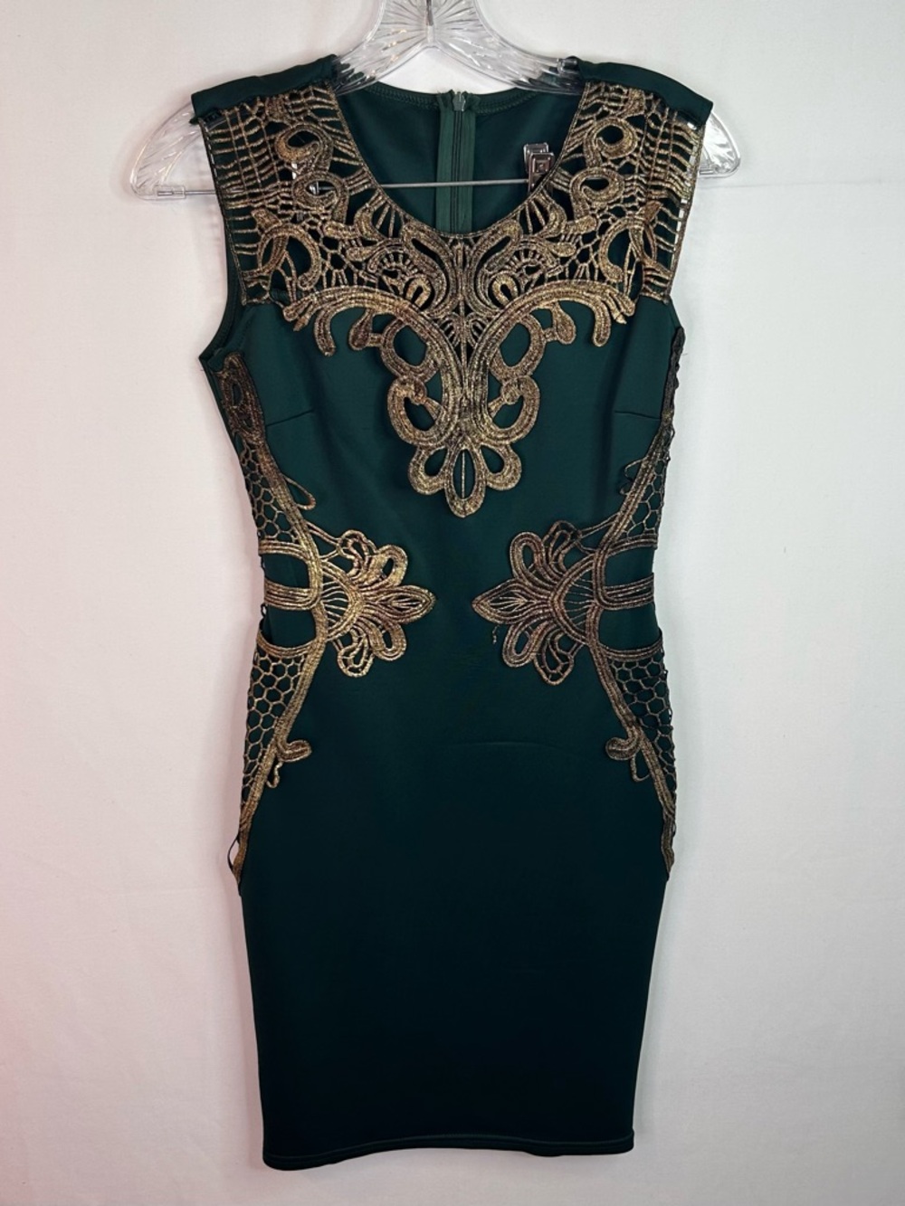 Emerald Green Bodycon Dress with Gold Lace Trim Size S
